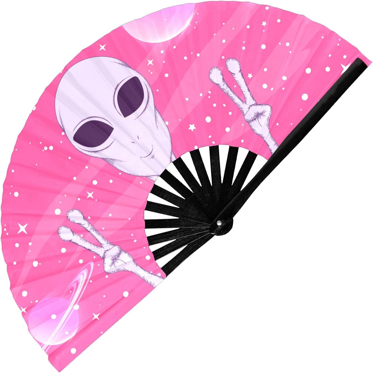 GloFX Rave Fan - Pink Alien - Large Folding Fan -Large Folding Fan for Rave Essentials, Festival Fans, and Alien Accessories - Hand Held Fan for Festival Outfits & EDM Vibes