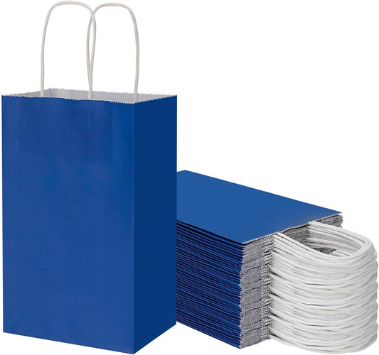 50 Pack 5.25x3.25x8.25 Inch Small Royal Blue Kraft Paper Bags with Handles Bulk, Toovip Gift Wrap Bags for Favors Grocery Retail Party Birthday Shopping Business Goody Craft Merchandise Take Out Sacks