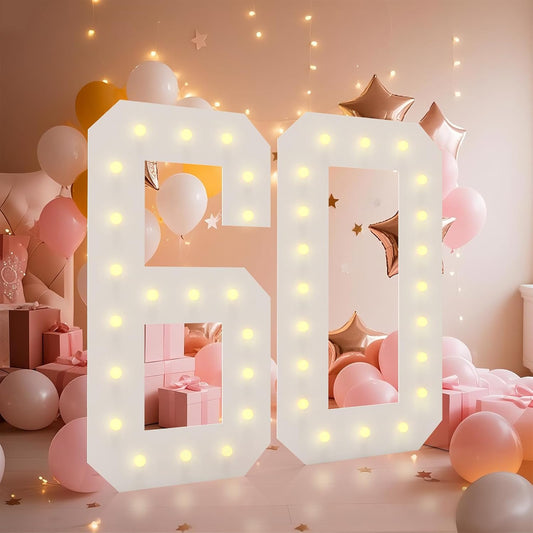 LOBOOM 4FT Light Up Numbers, Marquee Numbers 4 Feet Tall Giant Number 60 Mosaic Big Number Sign for 60th Birthday Party Backdrop Anniversary Decorations, Pre-Cut Large Frame