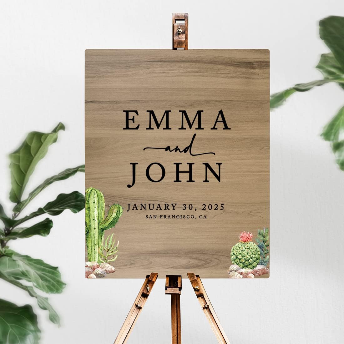 Andaz Press Large Wooden Welcome Sign for Wedding, Rustic Welcome Sign 16" x 20" Custom Names Desert Chic Cactus Wedding Signage English Oak MDF Wood Finish Wedding Reception Indoor Outdoor Signs