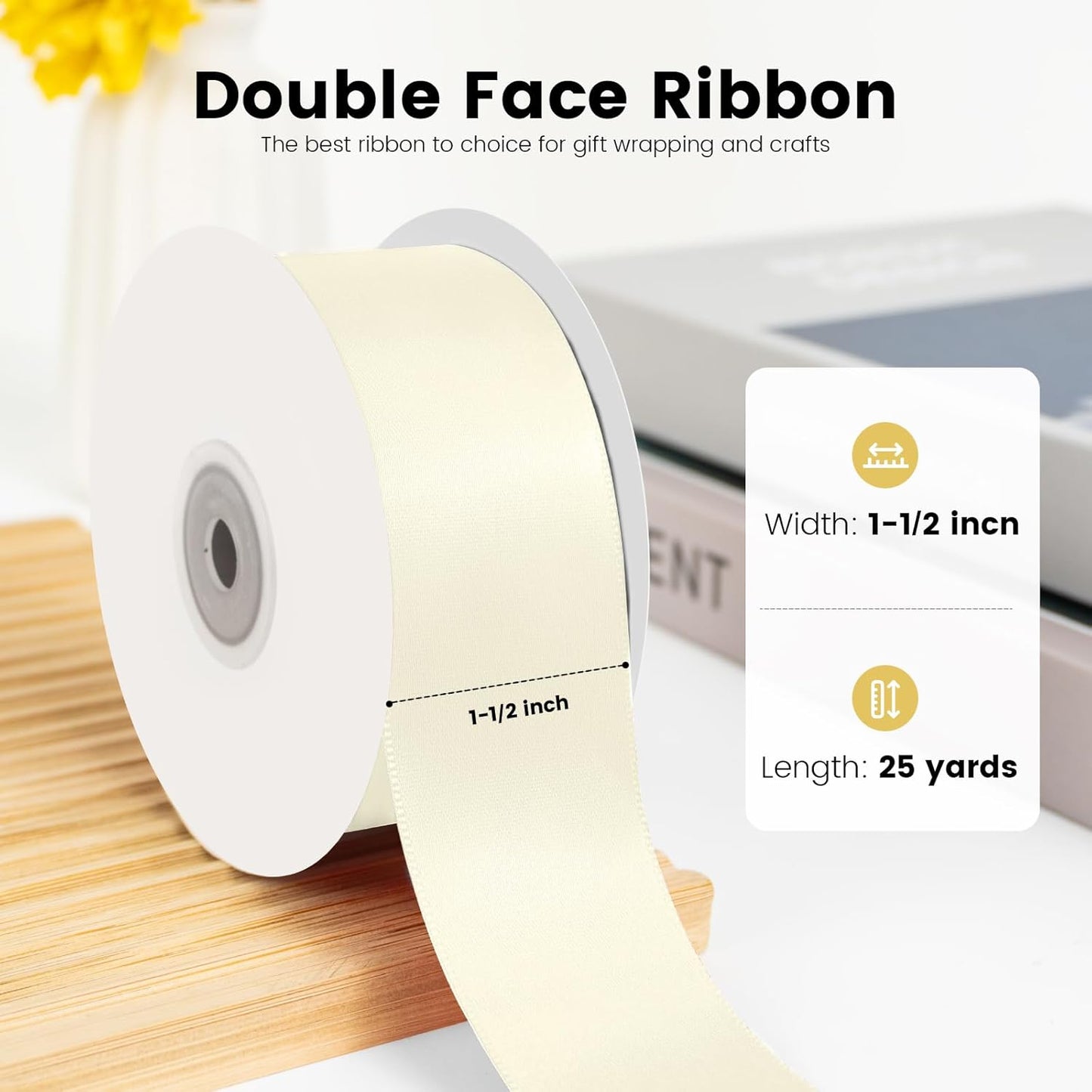 KMER LIFE 1-1/2 inch x 25 Yards Double Faced Polyester Ivory Satin Ribbon, Perfect for Gift Wrapping Very Suitable for Weddings Party Hair Bow Invitation Decorations and More