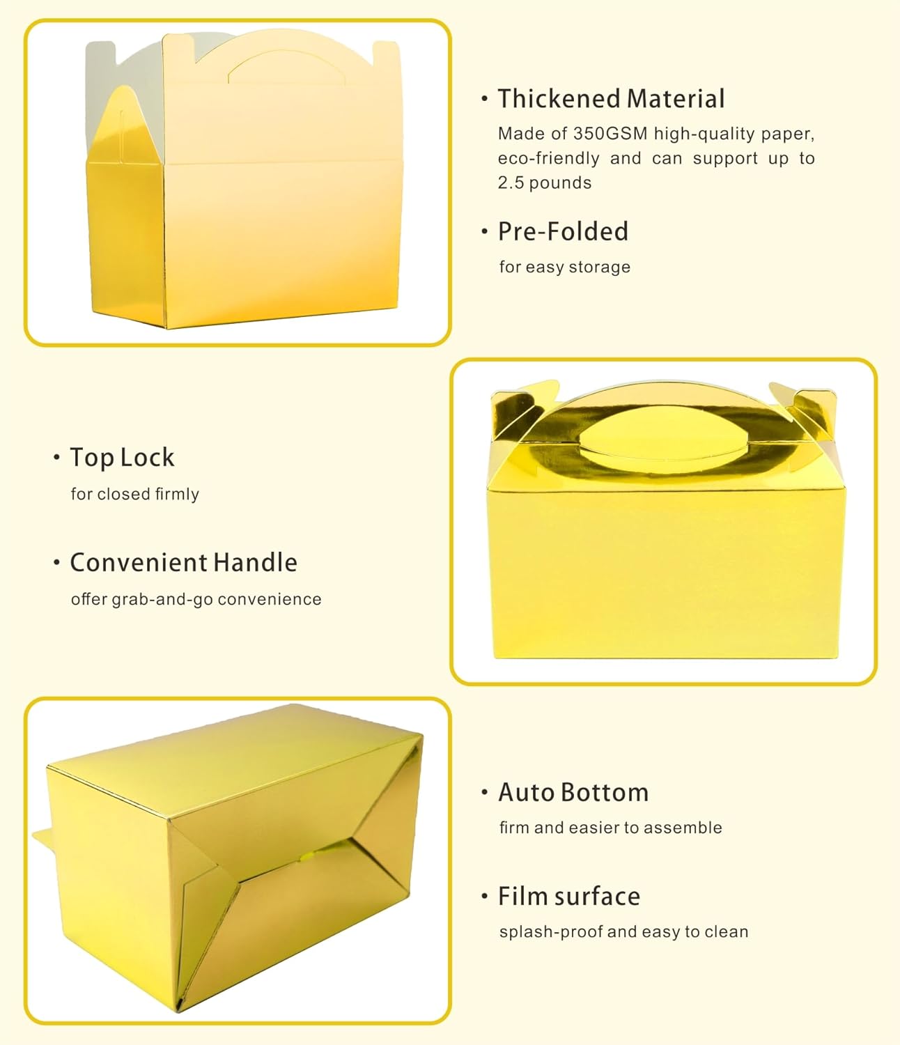 TIMESEEK 30-Pack Metallic Gold Gable Treat Boxes with Handles, 6" Pop-Up Party Favor Gift Boxes for Birthday, Wedding, Baby Shower, Eco-Friendly Candy,Cookie, Goodie Bags for Kids, Bachelorette Decor