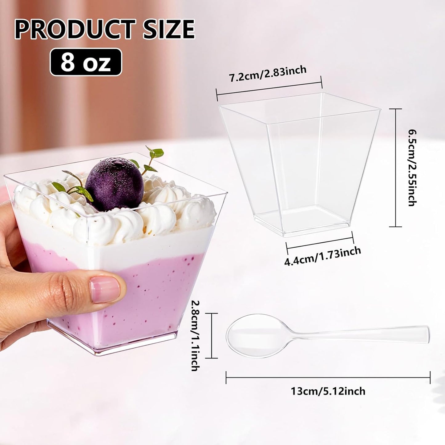YOUBET 102 PCS Plastic Dessert Cups - 8oz Clear Square Cups - 51 Pack Mini Appetizer Cup with Tasting Spoons for Pudding, Fruit, Yogurt Parfait and Ice Cream