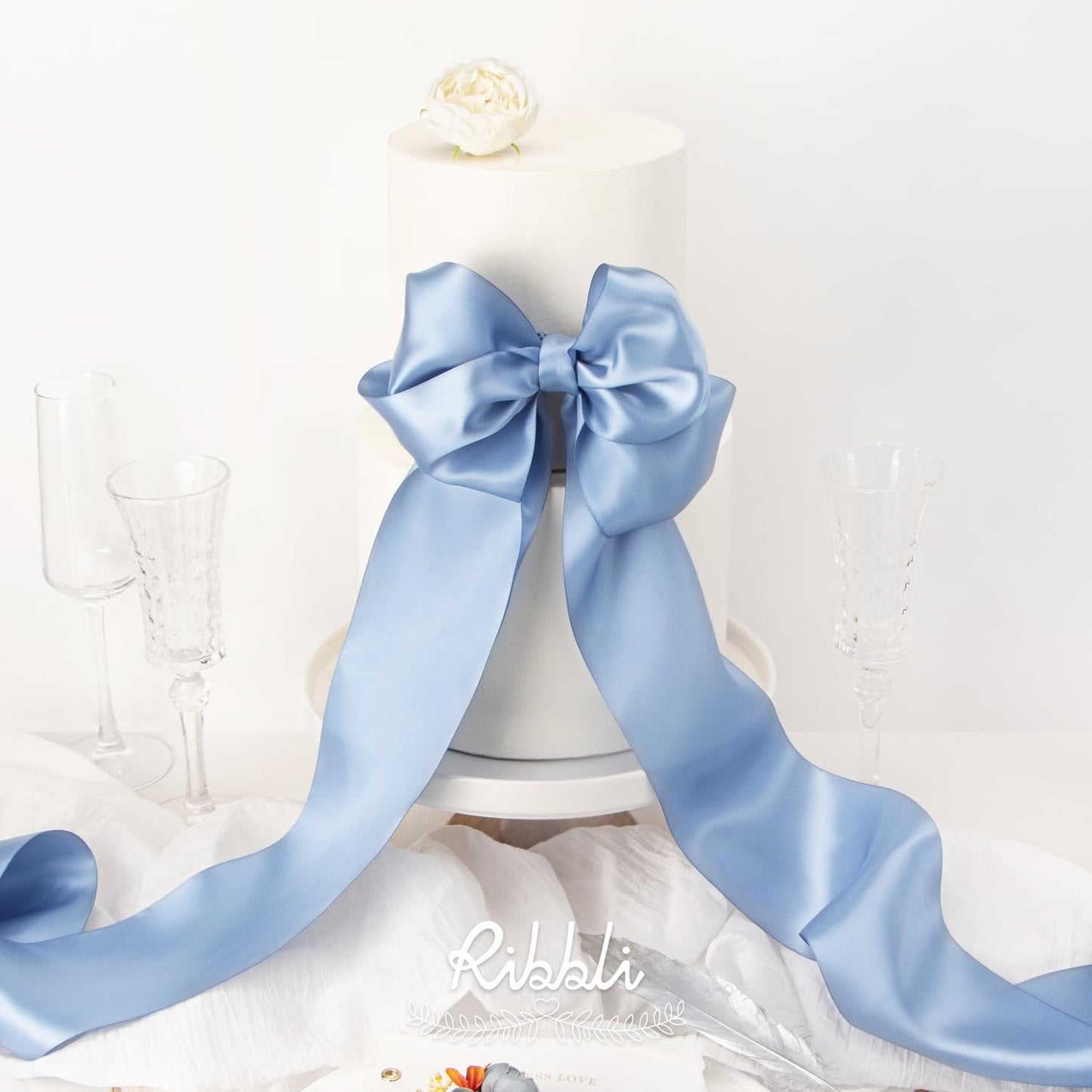 Ribbli Dusty Blue Satin Ribbon 4 Inch Wide Dusty Blue Ribbon for Wedding Chair Sash Grand Opening Ceremony Big Bows Gift Wrapping Floral Crafts Cake Decor-Double Faced Satin Continuous 10 Yards