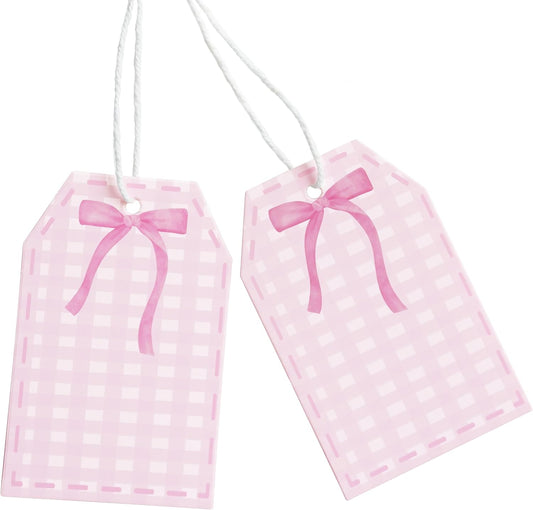 100Pcs Coquette Pink Bow Gift Tags with String Pink Buffalo Plaid Large Gift Tag with 65Ft White String Paper Gift Tag for Coquette Bow Baby Shower Birthday Bachelorette Wedding Gift Wrap Tag
