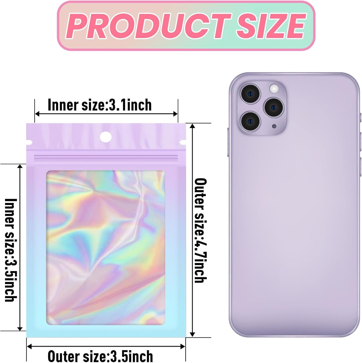 Funfery 100 Pack Gradient Holographic Bags,Mylar Resealable Bags with Zipper,Clear Window Packaging Pouch,Smell Proof Bag for Food Storage,Sample Jewelry Baggies(3.5×4.7in,Purple Blue)