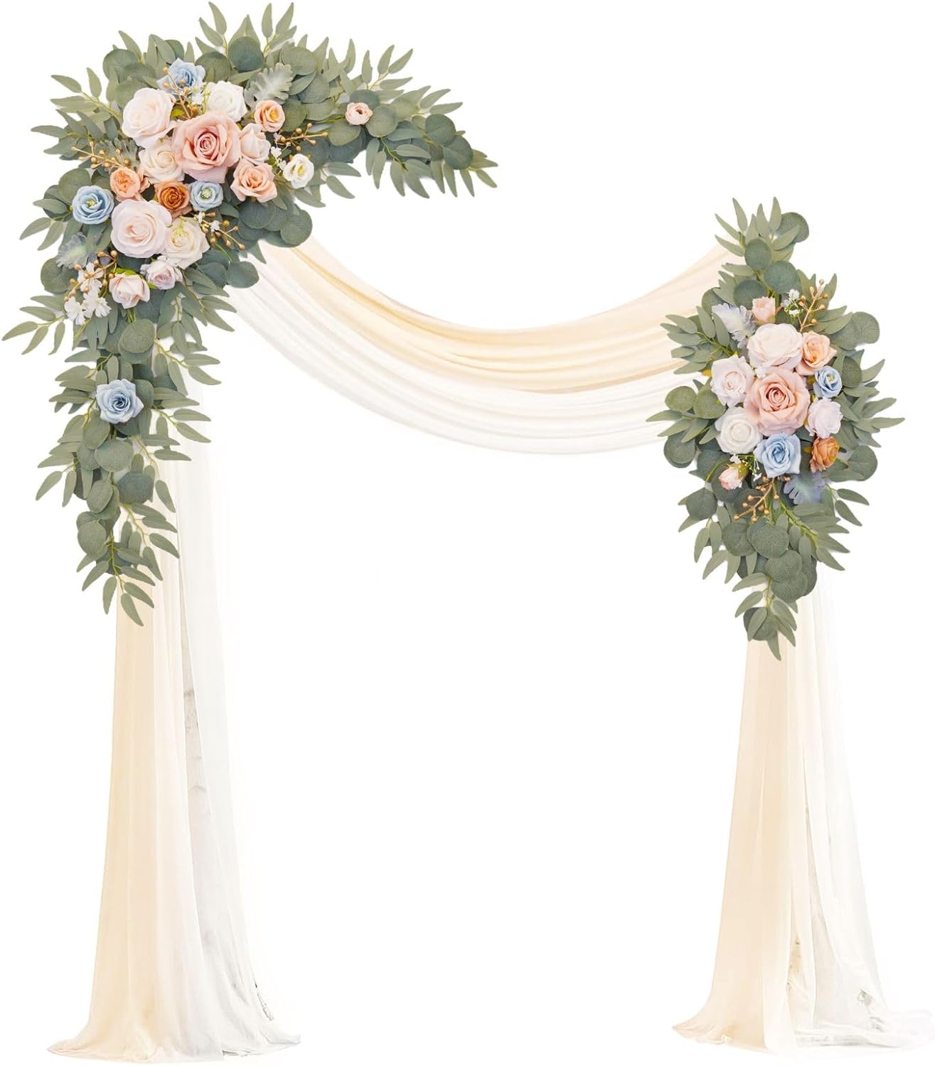 Artificial Wedding Arch Flowers Kit(Pack of 4),2Pcs Artificial Flower Arch Decor, 2Pcs Chiffon Fabric Drapes, Ceremony Decoration, Floral Outdoor Party Decor (Champagne & Blue)