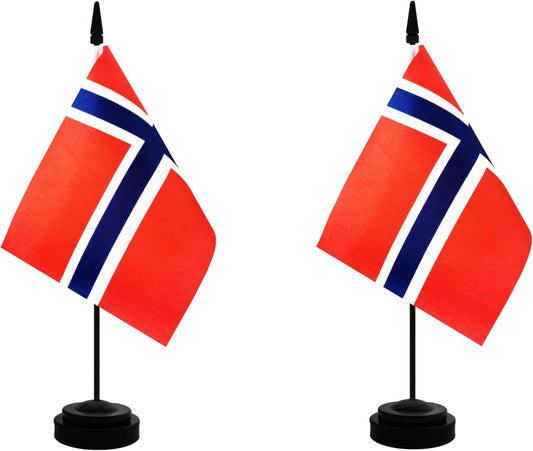 2 Pack Norway Desk Flag, Norwegian Table Office Flag with Solid Pole and Stand Base, International Country Flag, Festival Celebration, Classroom Meeting Desktop Decoration (Norway)