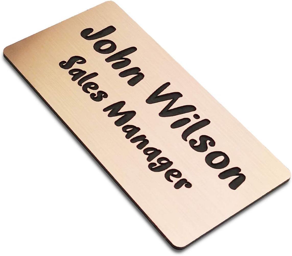 SINYUDUN Custom Engraved Name Tag Badges for Business, Personalized Identification with Pin, Magnetic, Adhesive, or Blank Backing, 1.5"x3", Rose Gold/Black Text