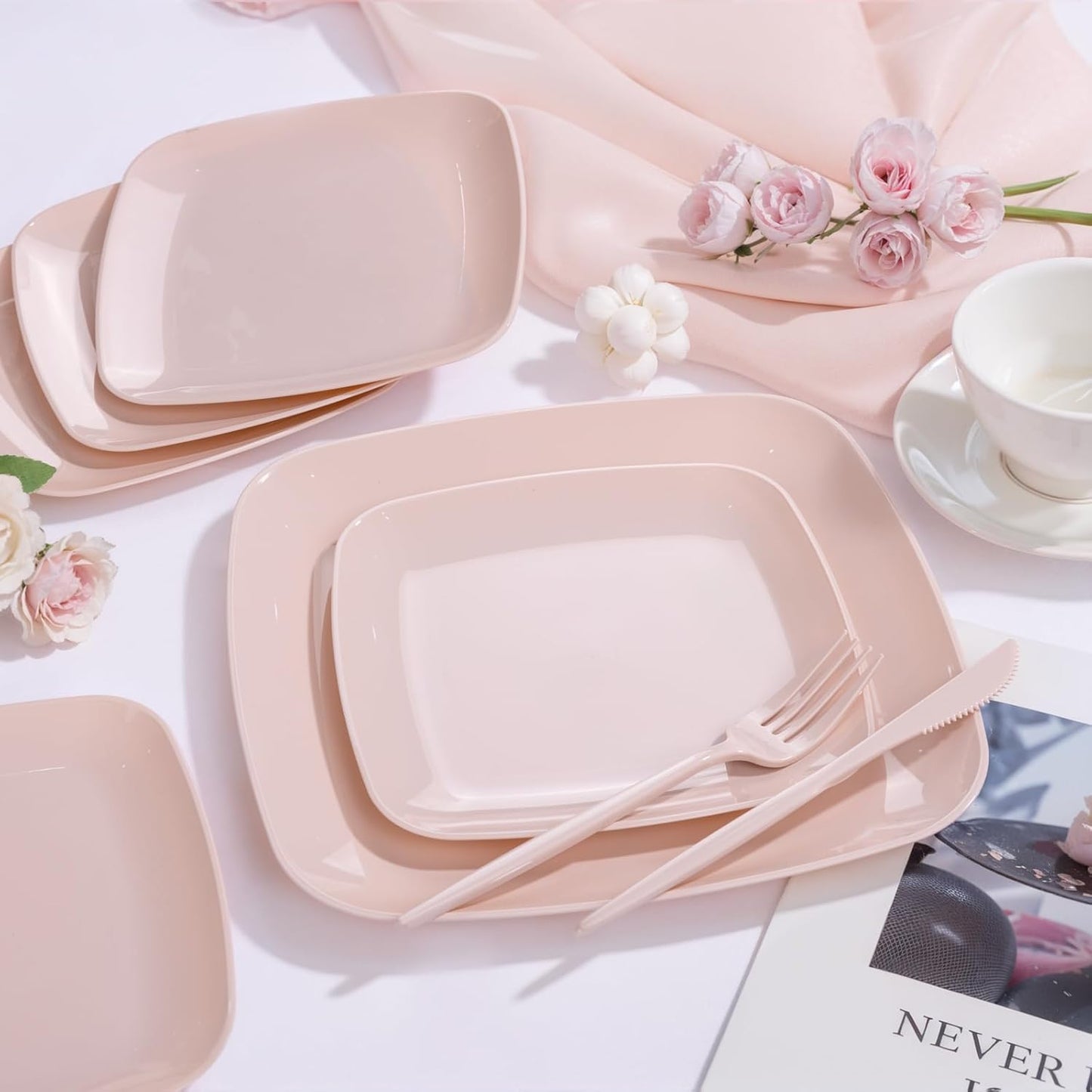 PULOTE 60PCS Pink Square Plastic Plates Disposable - Premium Quality Pink Set Include 30 Dinner / 30 Dessert Plates for Party,Wedding & Mother’s Day