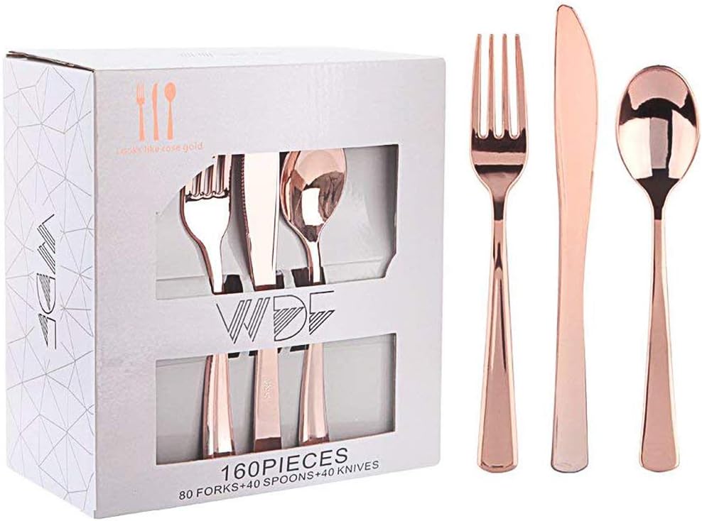 WDF160 Piece Rose Gold Disposable Cutlery Set - Heavyweight Plastic Silverware - Includes 80 Forks, 40 Spoons, 40 Knives - Rose Gold Silverware Perfect for Wedding/Party
