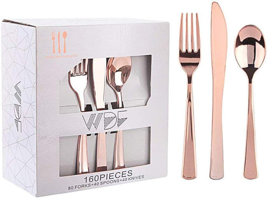 WDF160 Piece Rose Gold Disposable Cutlery Set - Heavyweight Plastic Silverware - Includes 80 Forks, 40 Spoons, 40 Knives - Rose Gold Silverware Perfect for Wedding/Party
