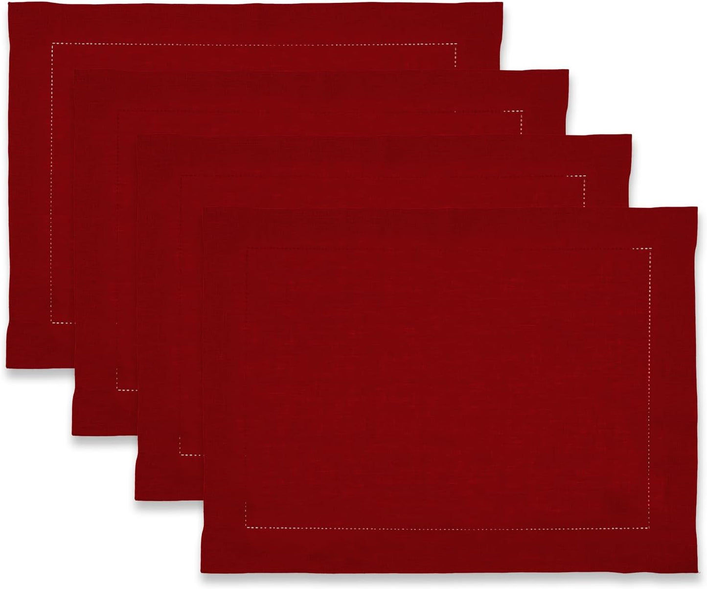 100% Pure Linen Red Placemats 14 x 19 Inch - Hemstitch Christmas Placemats Set of 4 – Elegant Cloth Fabric Table Mats for Winter, Thanksgiving & New Year Décor – Elara Collection