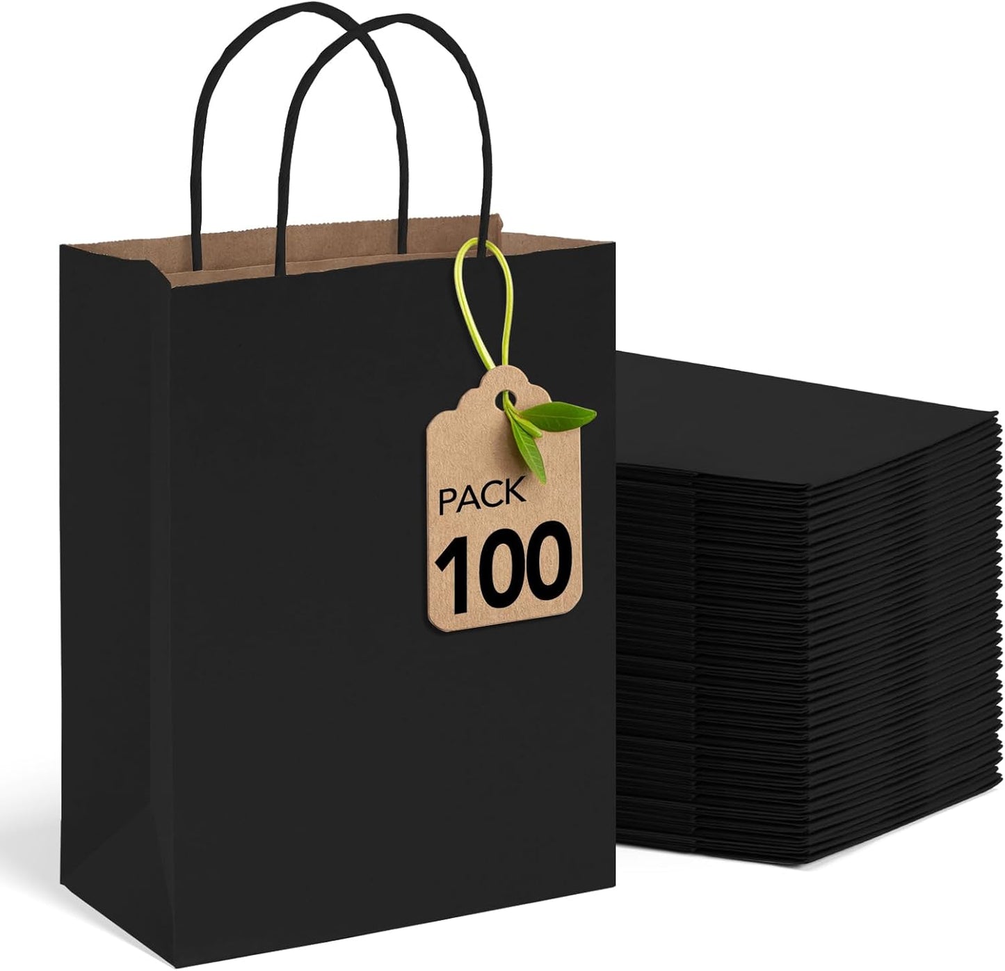 MESHA 100 Pack Black Gift Bags 8x4.25x10.5 Inch Kraft Paper Bags with Handles Bulk Craft Bag Medium Size for Wending Birthday Party Favor Retail Merchandise Bag