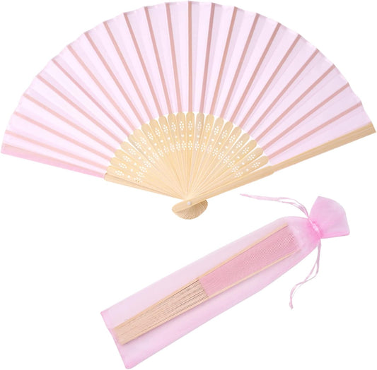 24pcs Imitated Silk Hand Fan Imitated Silk Fabric Bamboo Handheld Folded Fan Bridal Dancing Props Church Wedding Party Favors with Organza Bags (Pink)