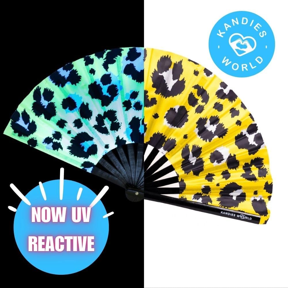 Kandies World UV Reactive Custom Festival Folding Hand Fan - Unique Designs, Made of Bamboo, Clacking Sound, Lightweight - Perfect Rave and Festival Accessory!