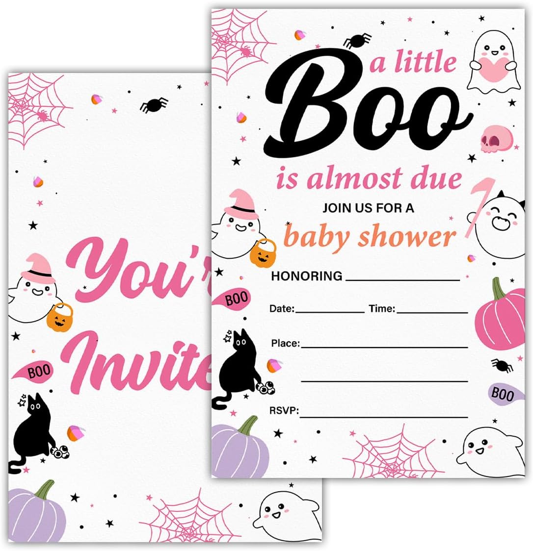 Halloween Baby Shower Party Invitations for Girl Cute Spooky Ghost Boo Baby Shower Party Fill in Invites Cards With Envelopes (20 Count) Double Sided Design, a Little Boo Is Almost Due