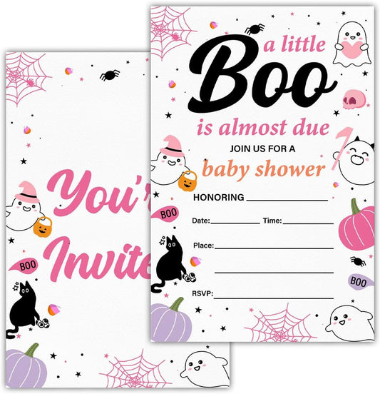Halloween Baby Shower Party Invitations for Girl Cute Spooky Ghost Boo Baby Shower Party Fill in Invites Cards With Envelopes (20 Count) Double Sided Design, a Little Boo Is Almost Due