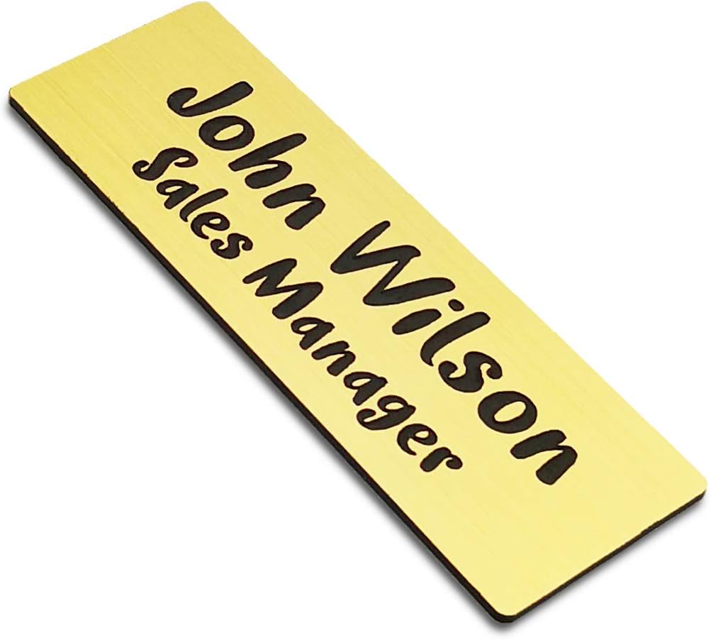 Custom Engraved Name Tag Badges for Business, Personalized Identification with Pin, Magnetic, Adhesive, or Blank Backing, 1"x3", Gold/Black Text