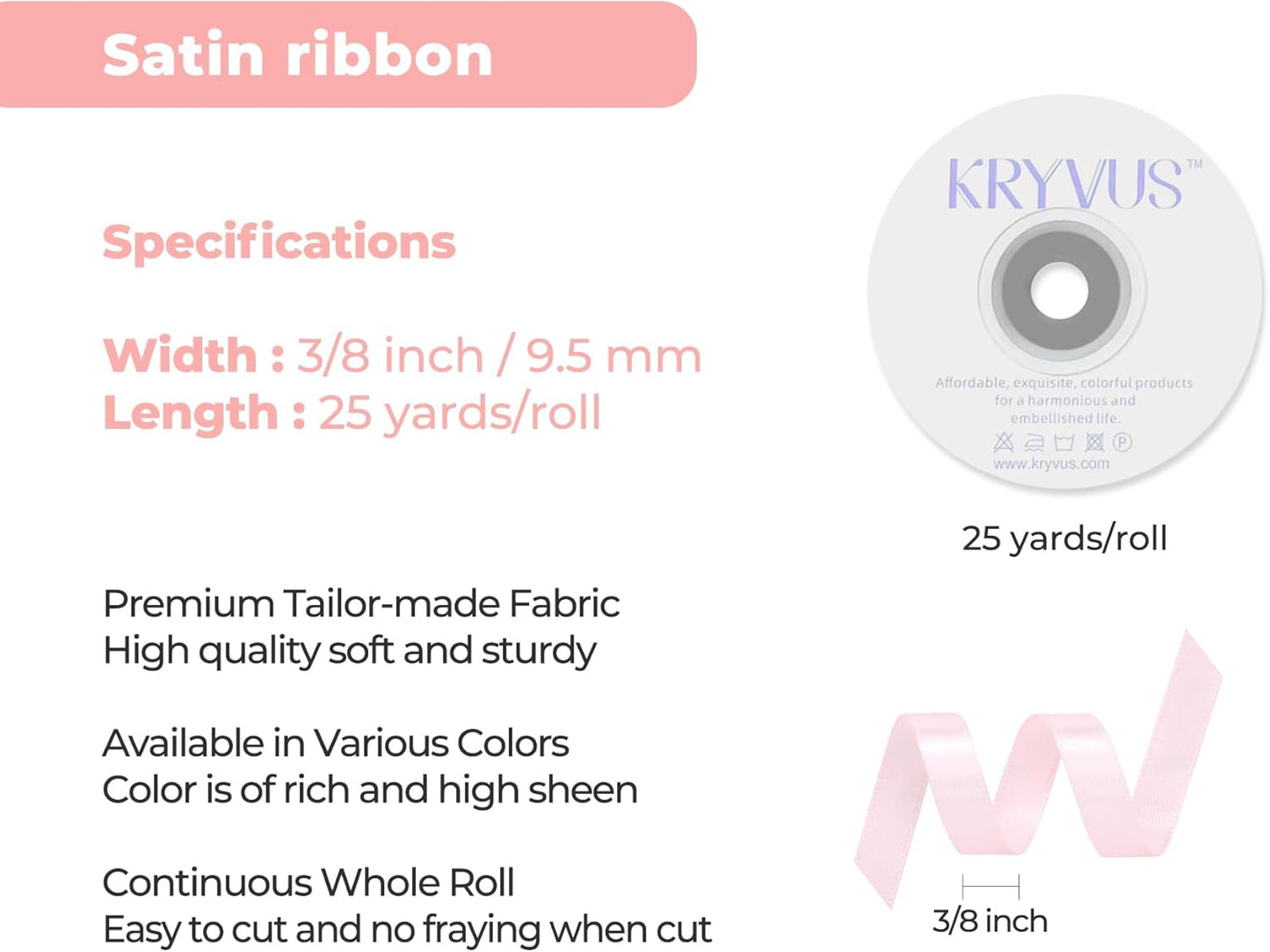 Baby Pink Satin Ribbon 3/8 inch X Continuous 25 Yards, Single Face Polyester Ribbon Perfect for Gift Wrapping, Flower Bouquet, Wedding Decor, Crafts, Bow Making, Sewing and More