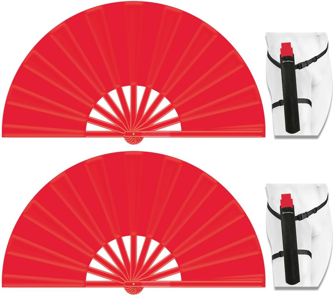 13" Large Folding Rave Fan with Holster, Clack Hand Fans Foldable for Line Dancing, Boots On The Ground Fan for Women Men Festival EDM Party Decoration, Red 2 Pack