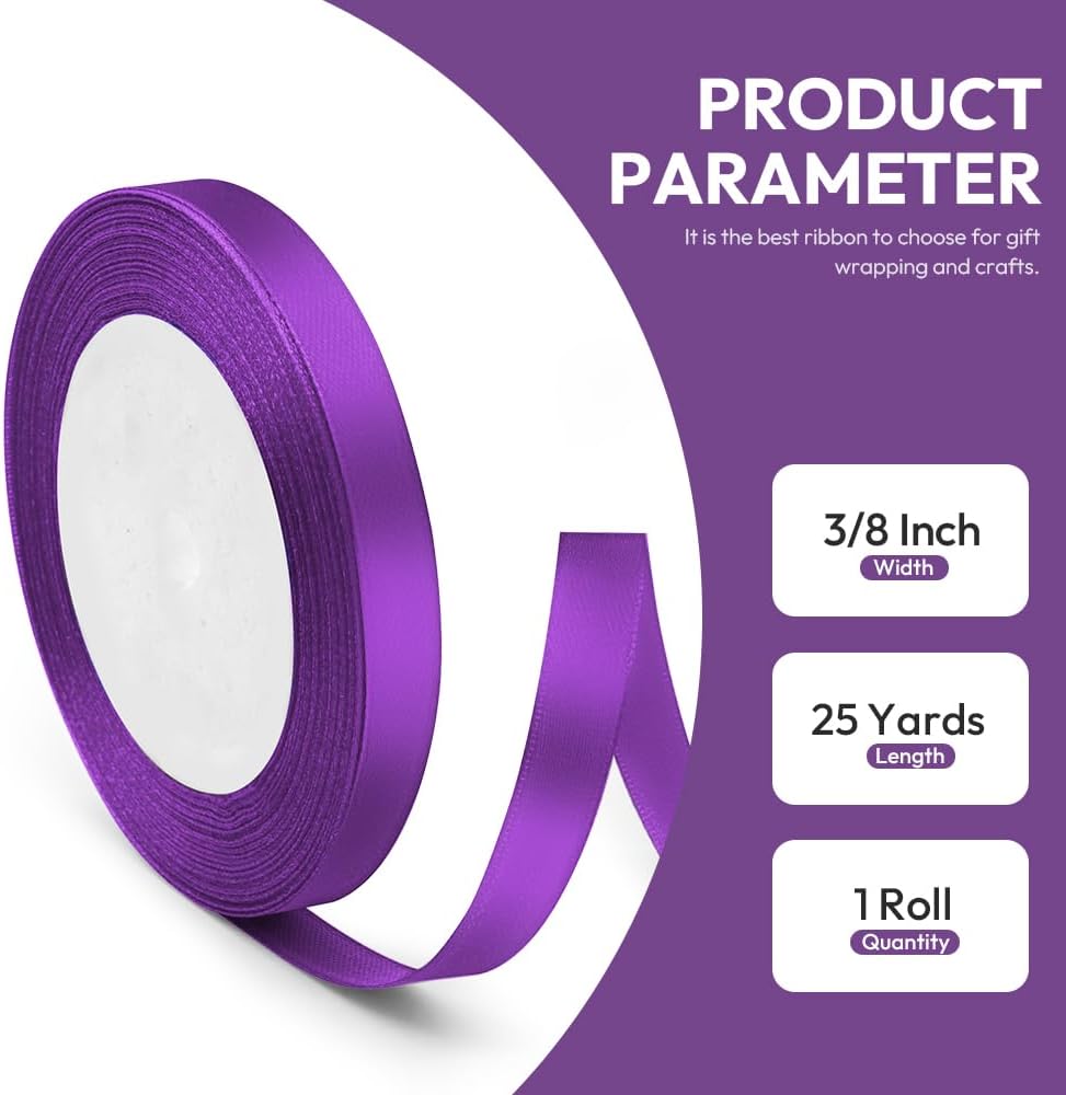 3/8" x 25 Yards Satin Ribbon, Purple Silk Ribbon Ideal for Gift Wrapping, Floral Bouquets, Crafts, Wedding Party Decorations, Christmas and Sewing Projects