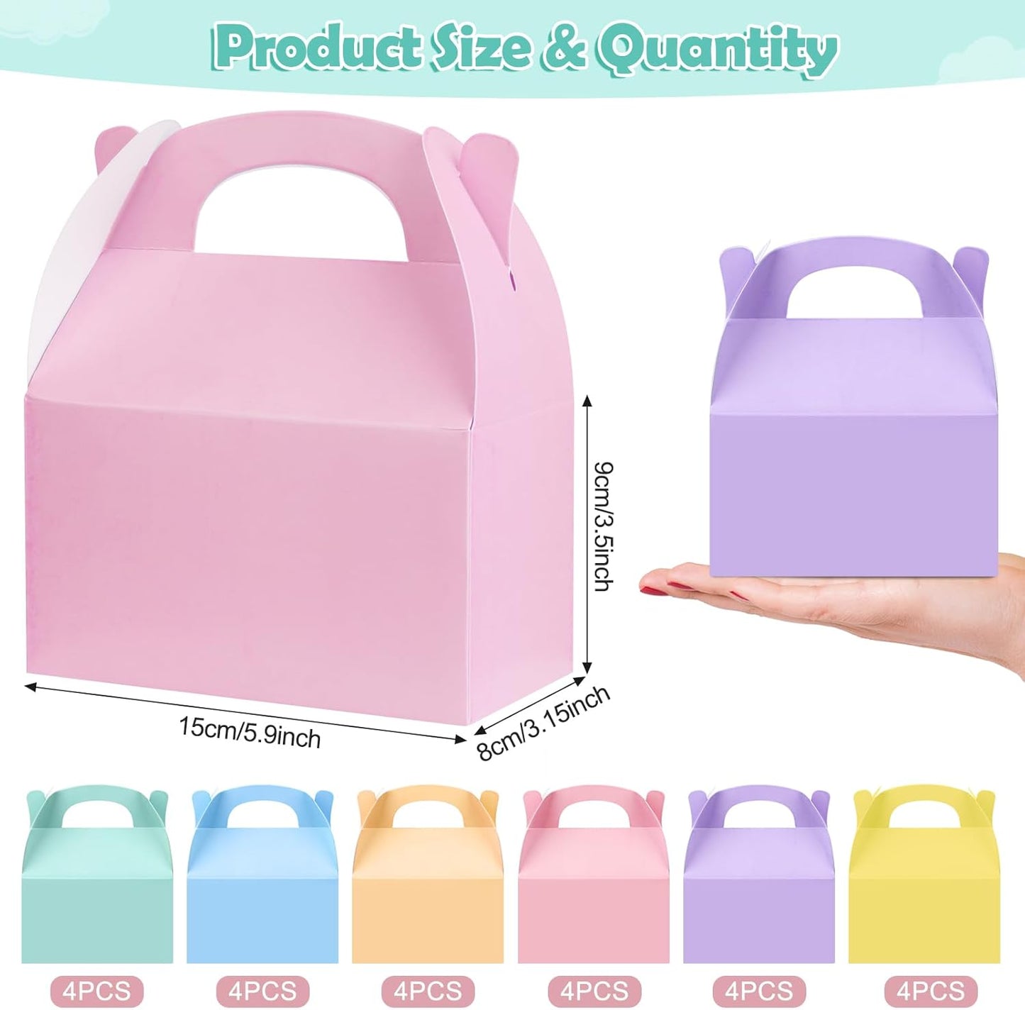 24 Pcs Pastel Party Favor Treat Boxes, Colorful Paper Candy Gift Gable Boxes for Party Favors, Pastel Goodie Box for Birthday Wedding Spring Easter Parties Supplies Decorations, 6 x 3.5 x 3 Inches