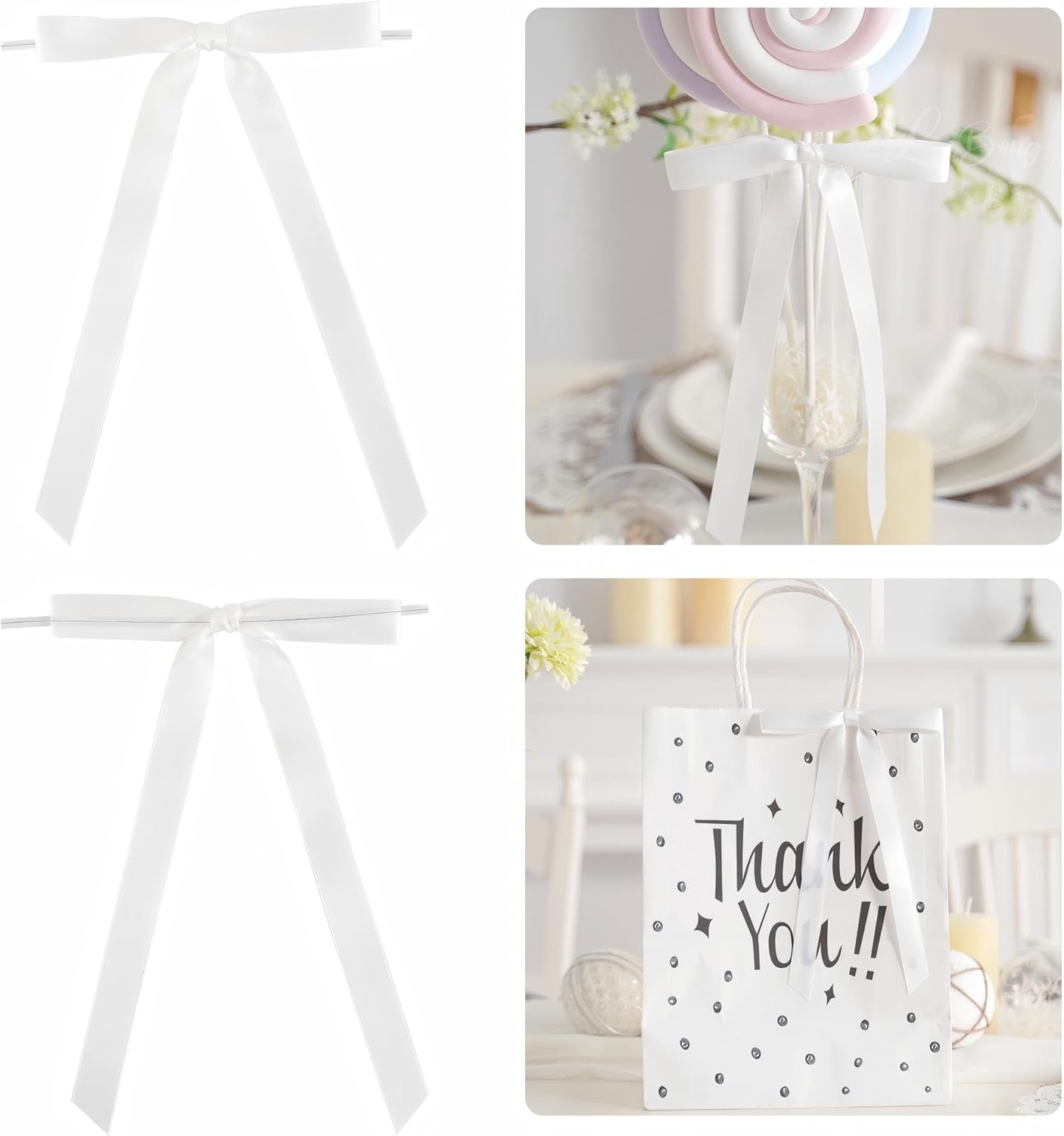 50 PCs White Bow 5 Inch Long Tail Bows for Gift Wrapping, Easter Bow Party Decorations, Twist Tie Bows, Satin Bows for Crafts, Premade Bows for Presents, Treat Bags, Bottles, Cakes