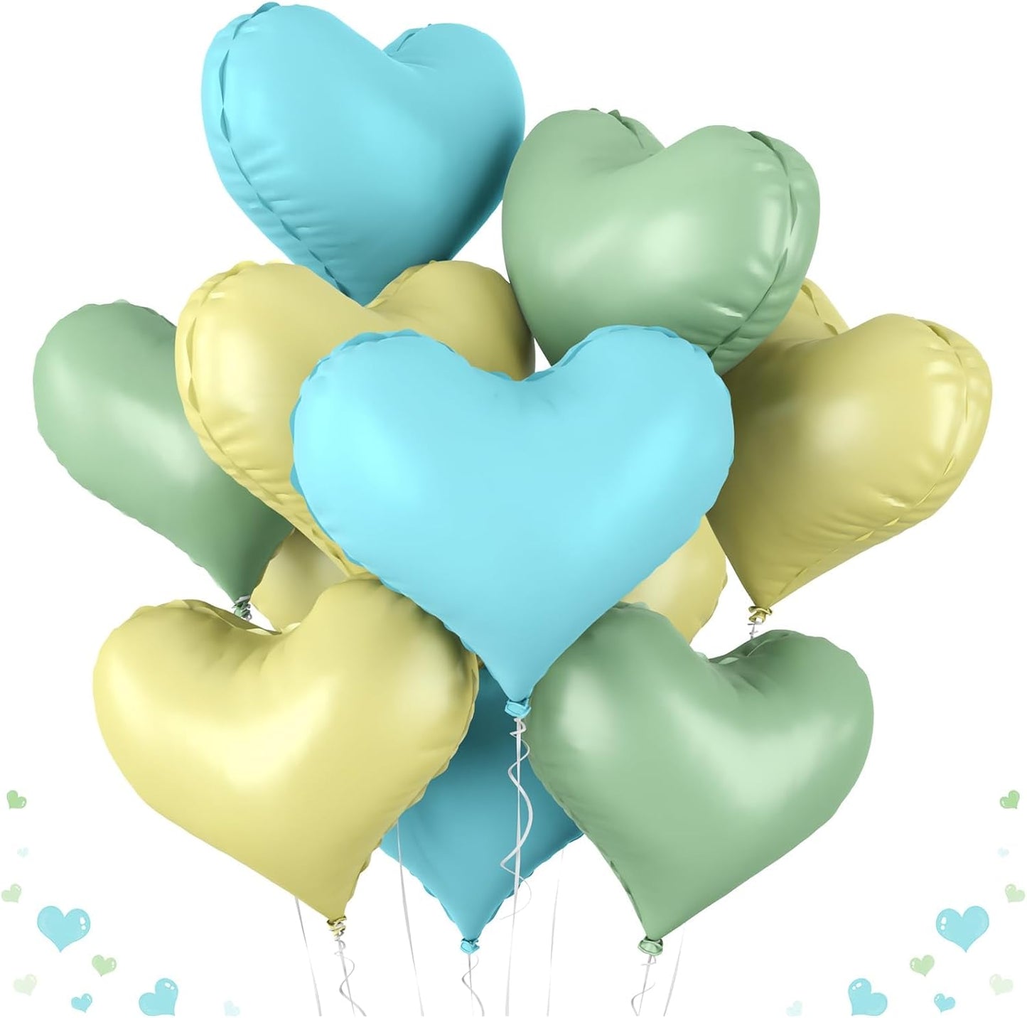 20 Inch Blue Yellow Green Heart Balloons, 10 Pcs Light Blue Yellow Sage Green Heart Shaped Foil Balloons, Helium Balloon for Valentine Bridal Shower Wedding Birthday Supplies