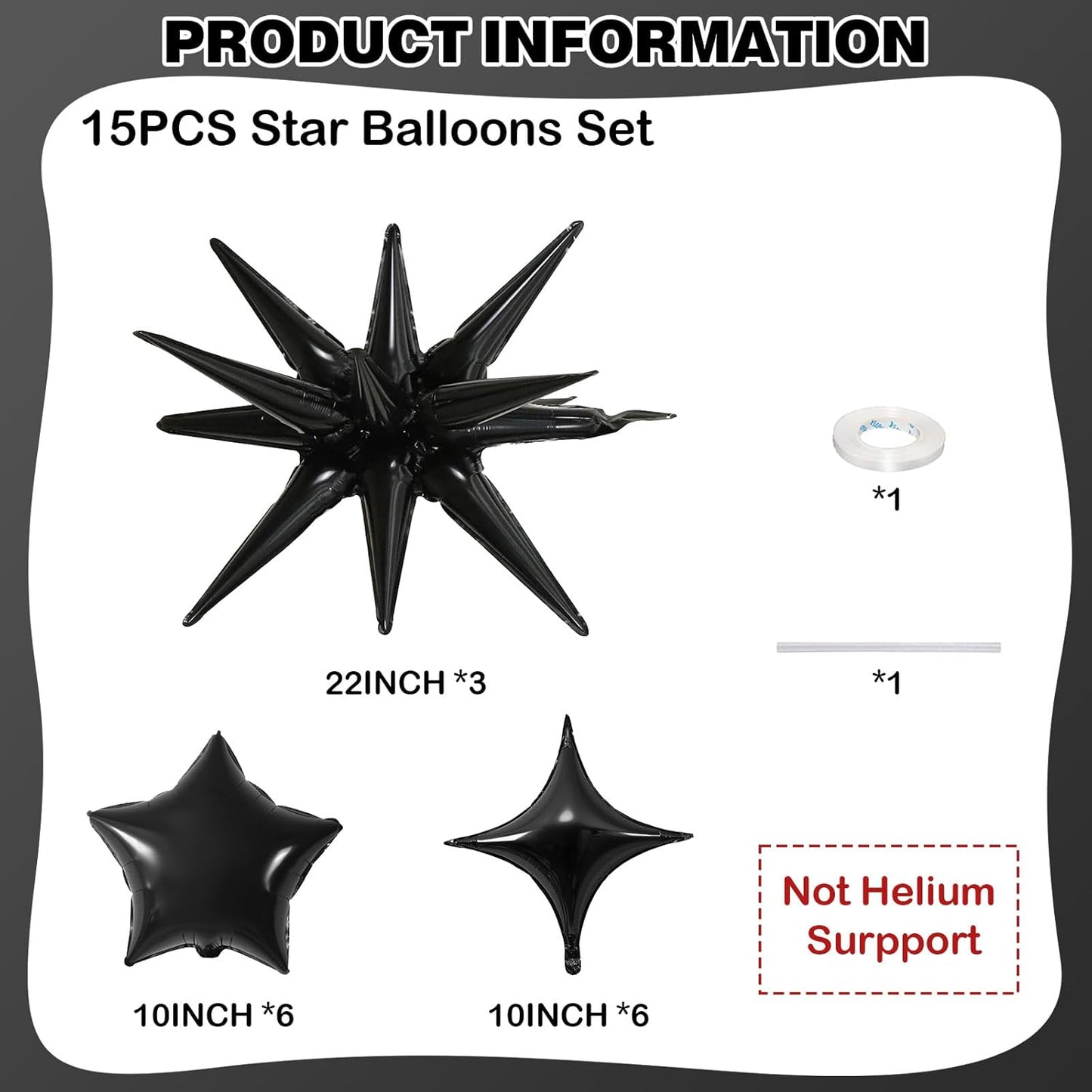 Black Star Balloons, 22in Large Star Balloons Foil 10in 4-Pointed & Black Pentagram Balloon for Graduation Wedding Halloween Baby Shower Birthday Party Decorations