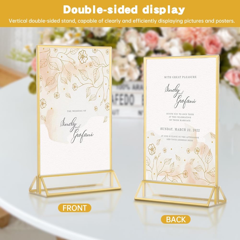 12 Pack Gold Acrylic Sign Holder 4 x 6 inch, Double Sided Gold Picture Frame Stand up Table Top Sign Holders, Wedding Table Number Frames Vertical for Party, Home, Office(4 x 6inch)