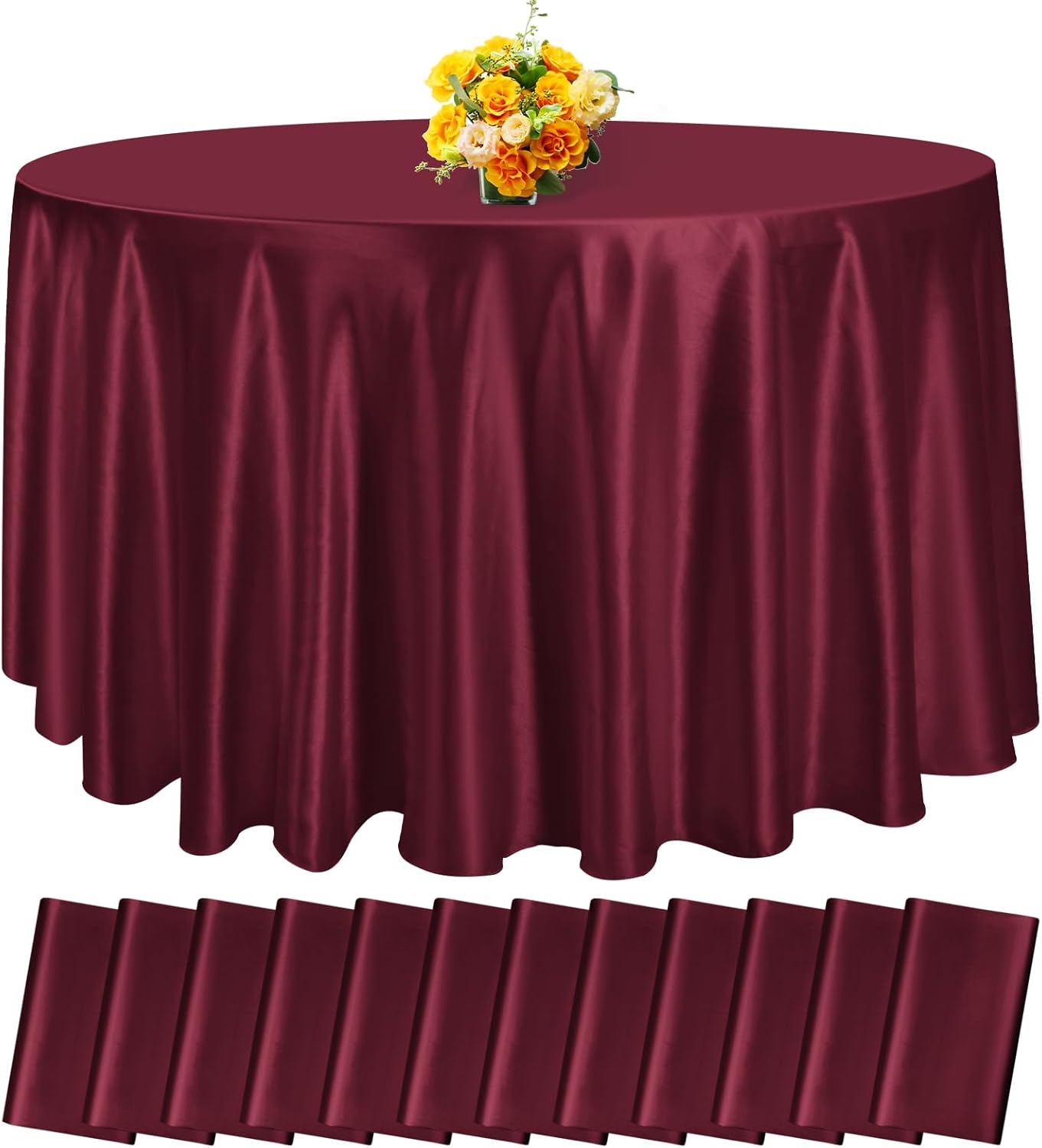 fani 12 Pack 120 Inch Burgundy Satin Tablecloth - Premium Bright Silky Round Tablecloth Overlay Smooth Fabric Table Cover, Table Decoration for Wedding Party Banquet Events Restaurant Kitchen Dining