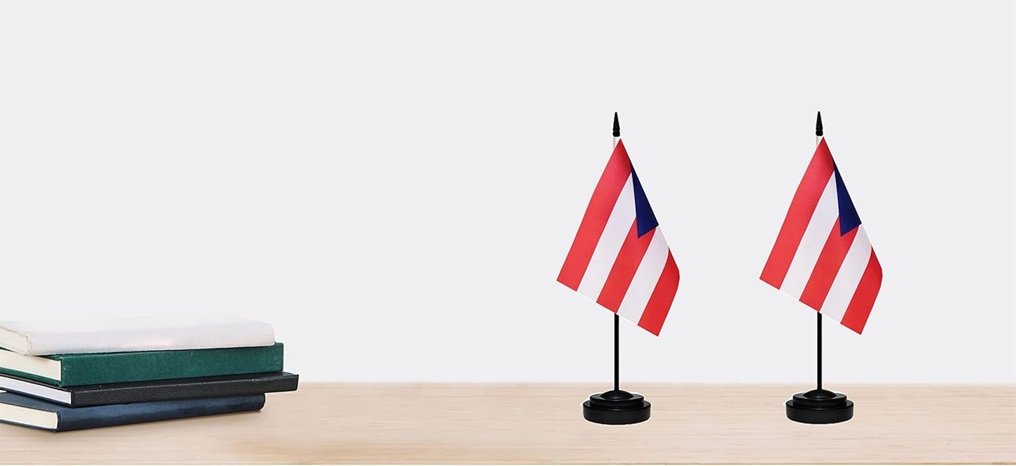 Puerto Rico Puerto Rican Deluxe Desk Flag Set Small Mini Miniature Puerto Rico Puerto Rican Table Desktop Flags With Solid Pole, Black Base and Spear Top(2 Pack)