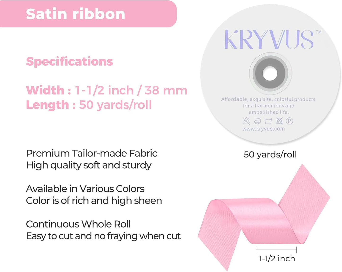 Rose Pink Satin Ribbon 1-1/2 inch X Continuous 50 Yards, Single Face Polyester Ribbon Perfect for Gift Wrapping, Flower Bouquet, Wedding Decor, Crafts, Bow Making, Sewing and More