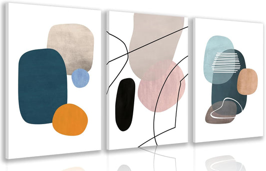 IAFWZX Framed Abstract Geometric Wall Art, Orange Blue Beige Color Block Wall Decor, Modern Minimalist Canvas Painting, Neutral Boho Colorful Geometric Aesthetic Picture for Living Room 16"x24"x3