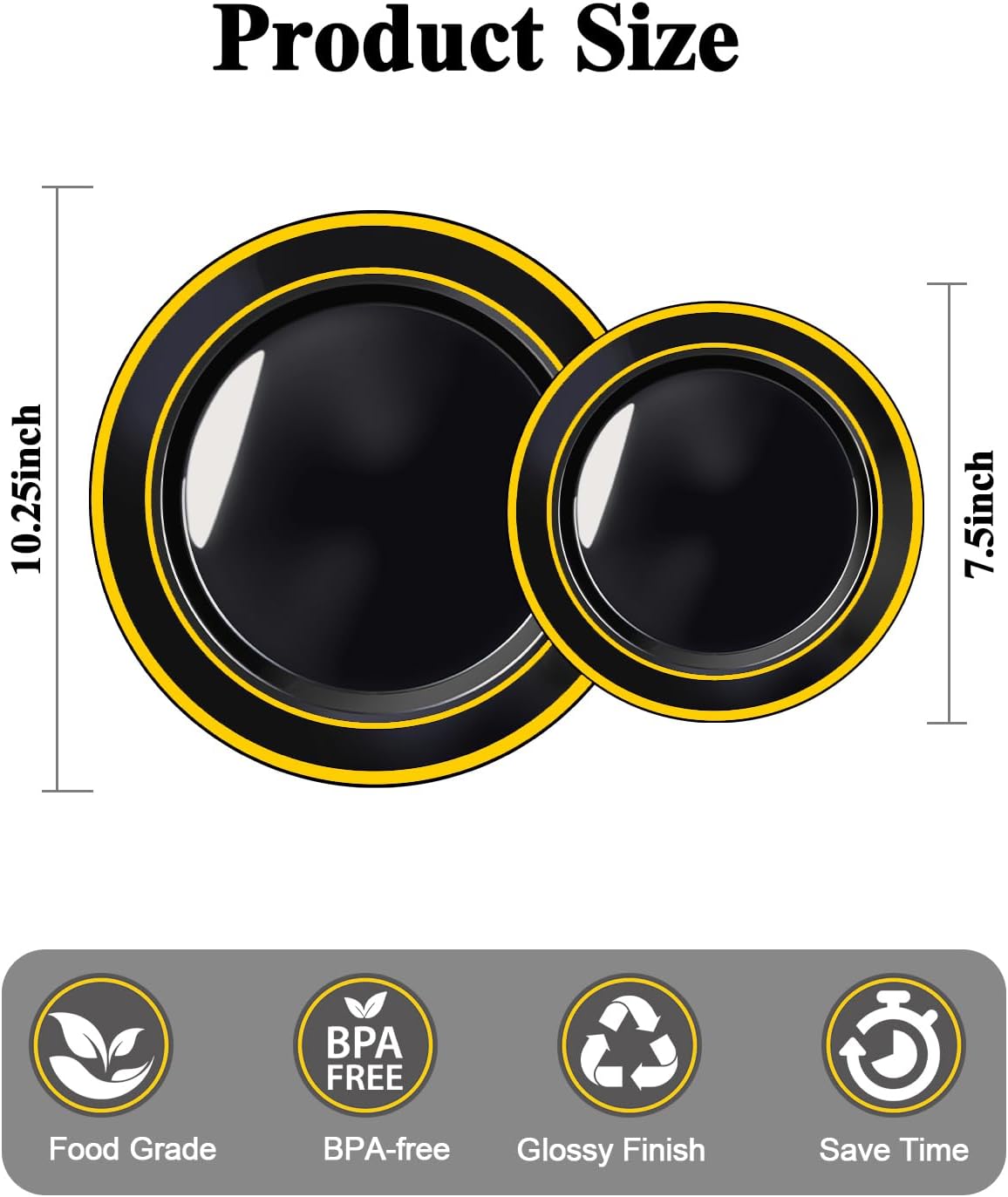 100PCS Black Plastic Plates Set with Gold Rim, 50 10.25 inch Dinner Plates and 50 7.5 inch Dessert Plates, Premium Disposable Plates forfor Party, Wedding, Holiday,And Halloween