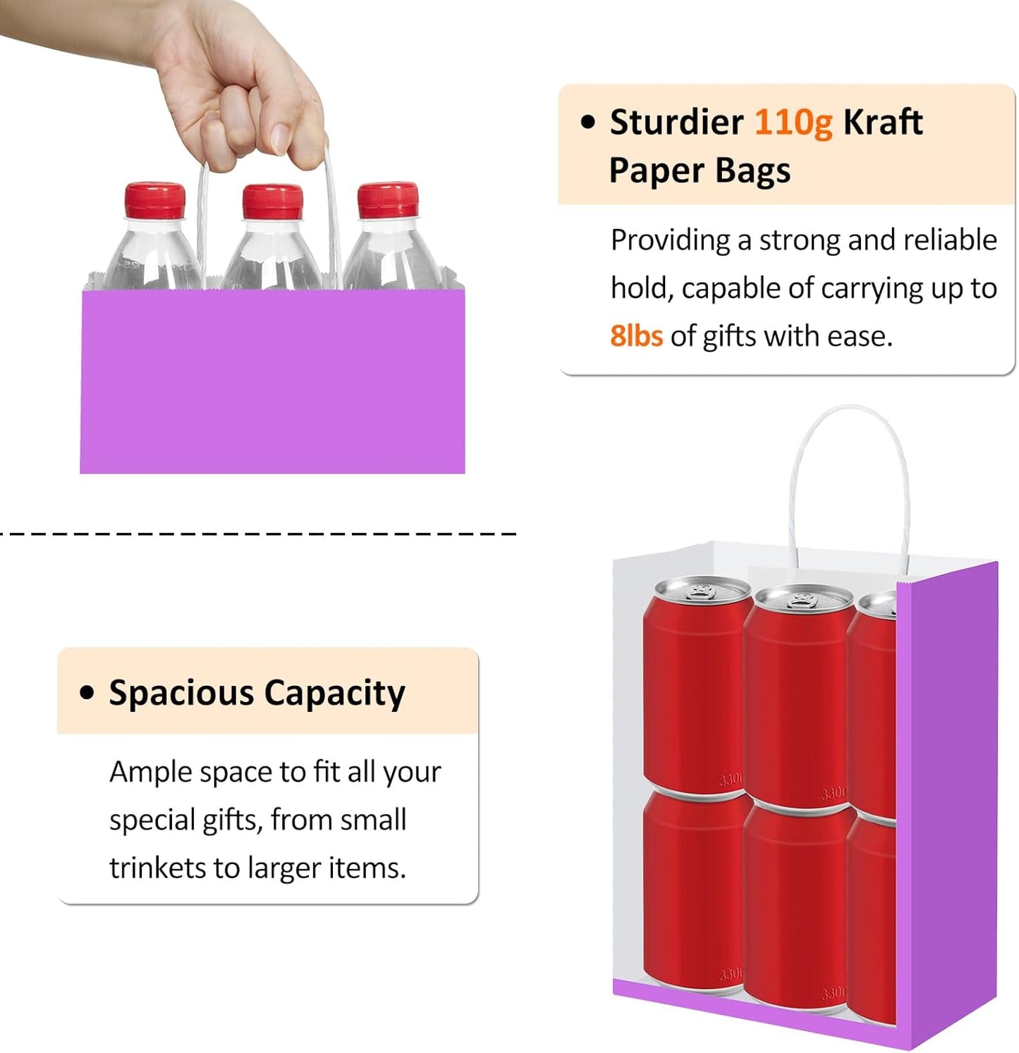 BagDream 8x4.25x10.5 Inch 100Pcs Purple Gift Bags Medium, Kraft Paper Bags with Handles Bulk for Welcome Party Favors, Baby Shower, Goody, Treat, Retail, Grocery Paper Sacks