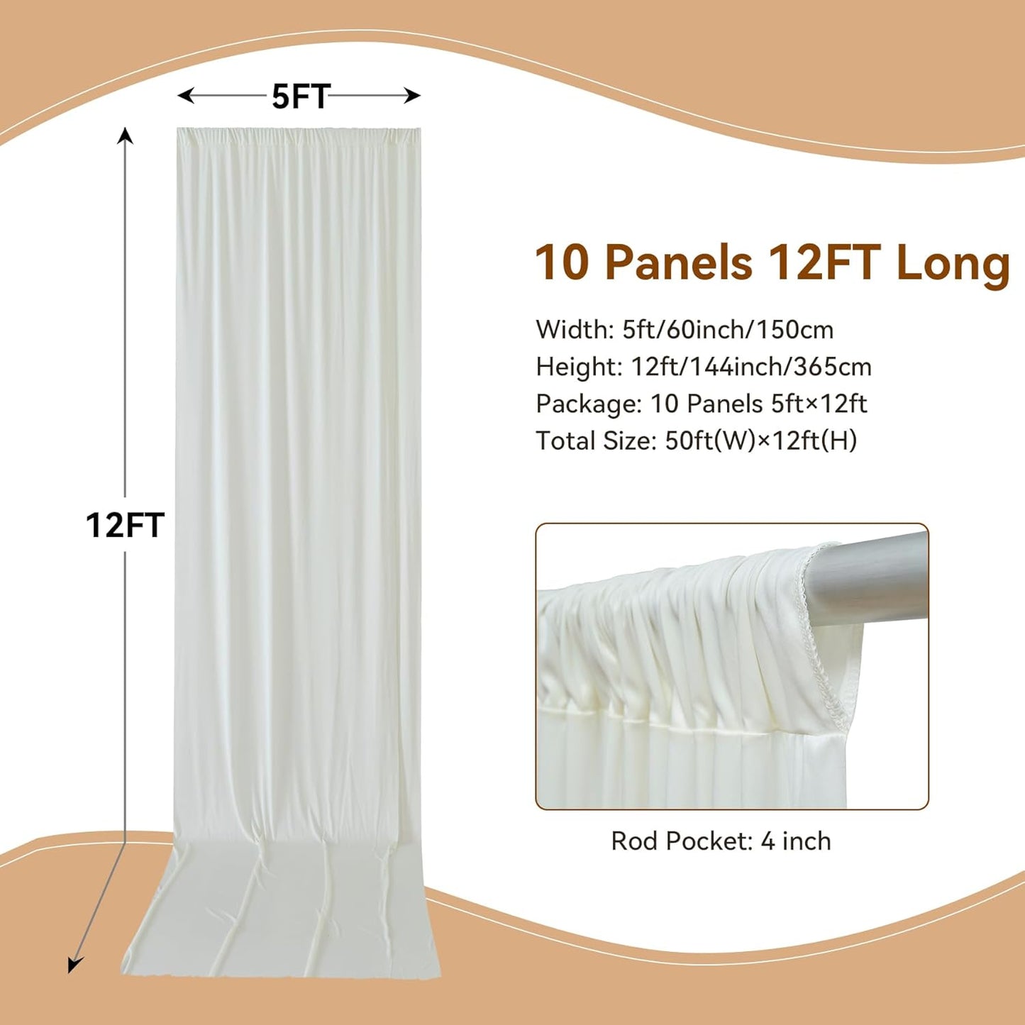 50×12ft Wrinkle Free Ivory Backdrop Curtain for Wedding Parties, 10 Panels 5×12ft Long Soft Silky Polyester Backdrop Drapes Cream Photo Back Drop Curtains for Party Photography Background Cloth