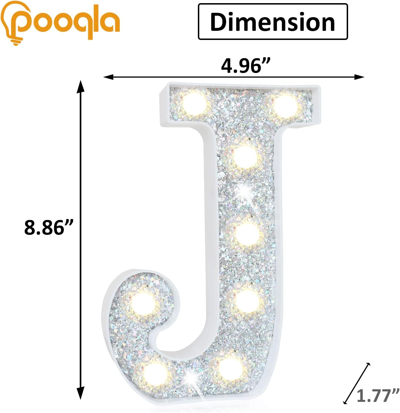 Pooqla Light Up Letters, LED Marquee Letters for Silver Birthday Decorations, Battery Powered Night Light Teenager Girl Room Decor, Gift for Girls Boys Wedding Bedroom Christmas Party Decor, Letter J