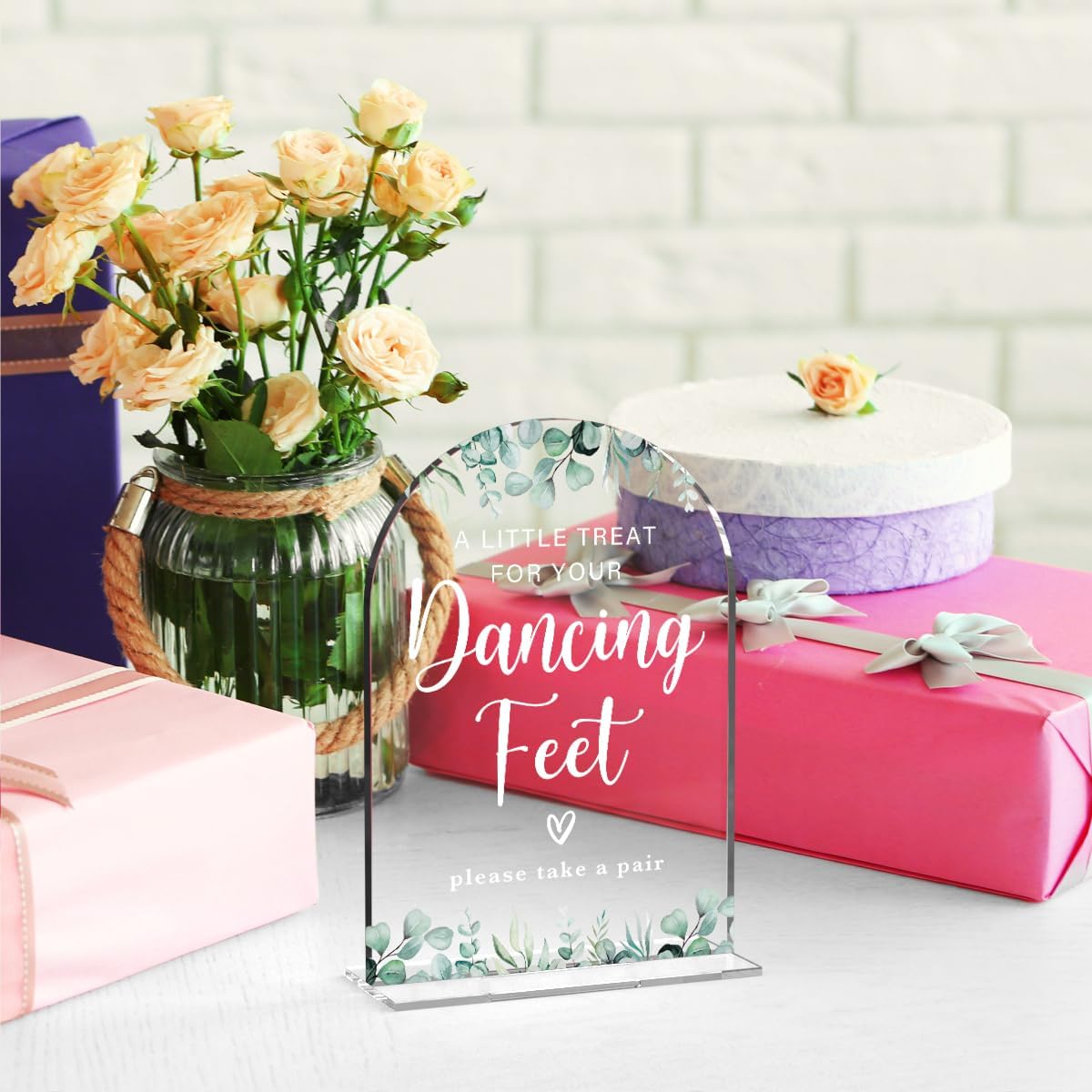 Acrylic Wedding Sign A Little Treat for Your Dancing Feet Signs for Ceremony Modern Calligraphy Arch Acrylic Table Top Signs for Wedding Reception and Event Party Table Decor (Eucalyptus Leaves)