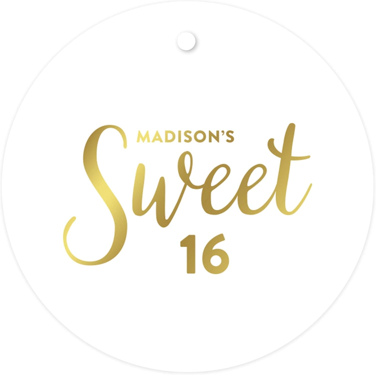 Andaz Press Personalized Round Circle Birthday Gift Tags, Metallic Gold Ink, Sweet 16 Birthday, 24-Pack, Custom Made Name, Not Gold Foil