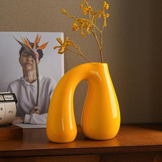 Yellow Ceramic Vase – Glossy Modern Sculptural Décor, Arch Handle Artistic Design, Bright Accent for Living Room, Shelf, or Table (7.5 in, Holds Water)