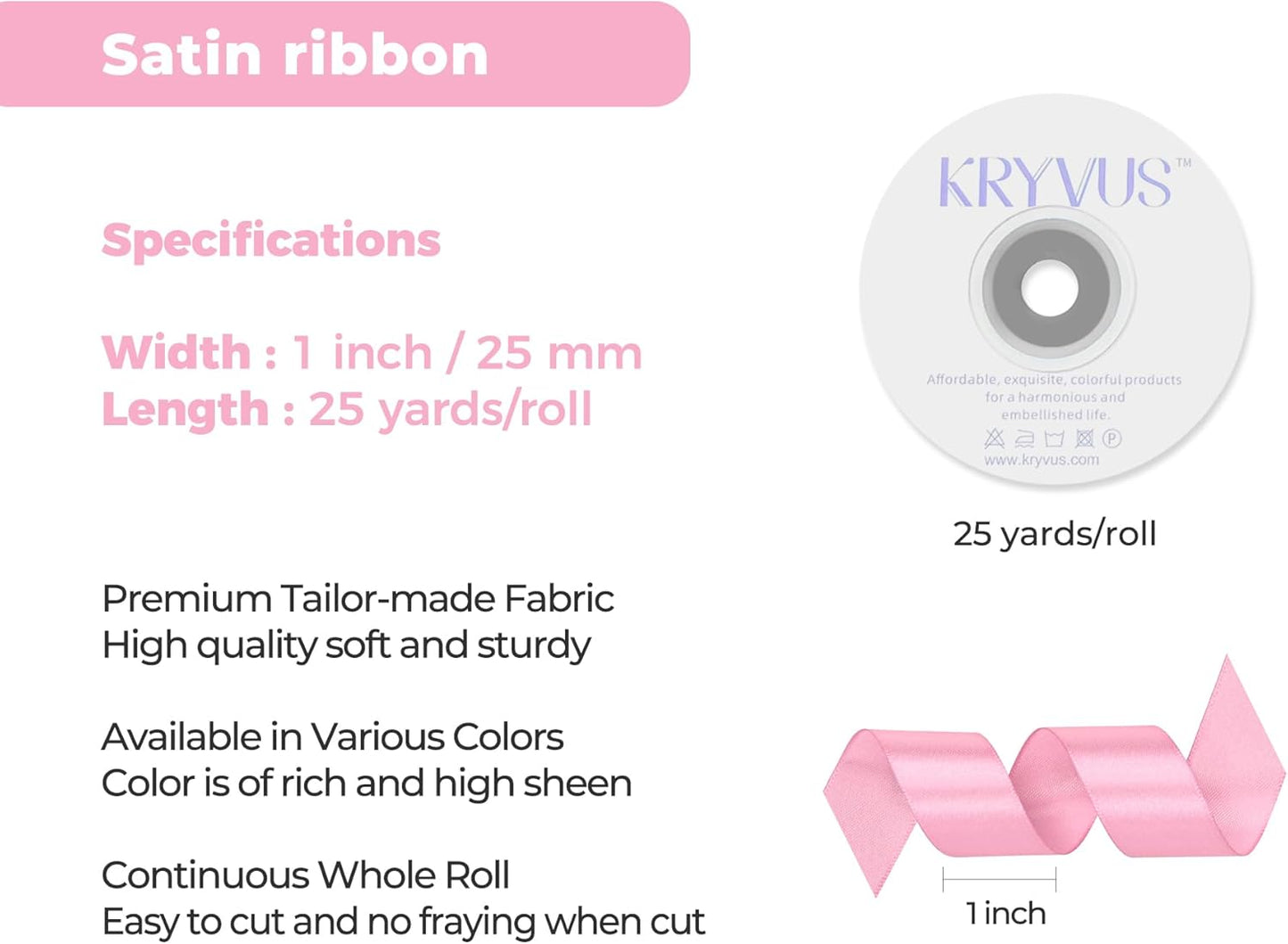 Rose Pink Satin Ribbon 1 inch X Continuous 25 Yards, Single Face Polyester Ribbon Perfect for Gift Wrapping, Flower Bouquet, Wedding Decor, Crafts, Bow Making, Sewing and More