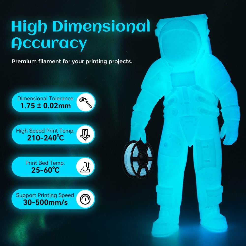 FLASHFORGE Glow in The Dark Rapid PLA Filament 1.75mm, High Flow Speedy 3D Printer Filament Luminous Blue, Max 500mm/s High-Speed Printing, High Brightness and Long-Lasting Glowing Effect