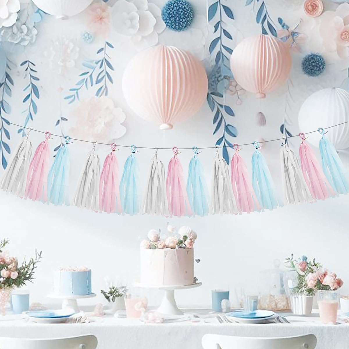 Gender Reveal Decorations Blue Pink - 15pcs Tissue Paper Tassel Garland Baby Gender Reveal Party Supplies Gender Reveal Theme Decor Gold Birthday Hanging Decor Ideas HongTongTong