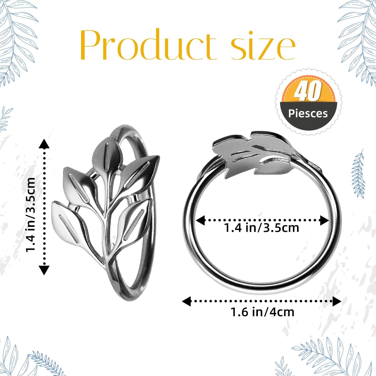 40 Pcs Leaf Napkin Rings Set, Silver Metal Napkins Rings Holders Bulk for Cloth Napkins Table Adornment for Wedding, Birthday, Thanksgiving, Christmas, Banquet, Dinning Table Decorations