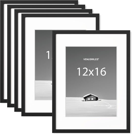 12x16 inch Picture Frame, 12x16 Photo Frames with Removable Mat - High Definition Plexiglass - Vertical and Horizontal Display - Wall Hanging Frame - Black, 5 Pack