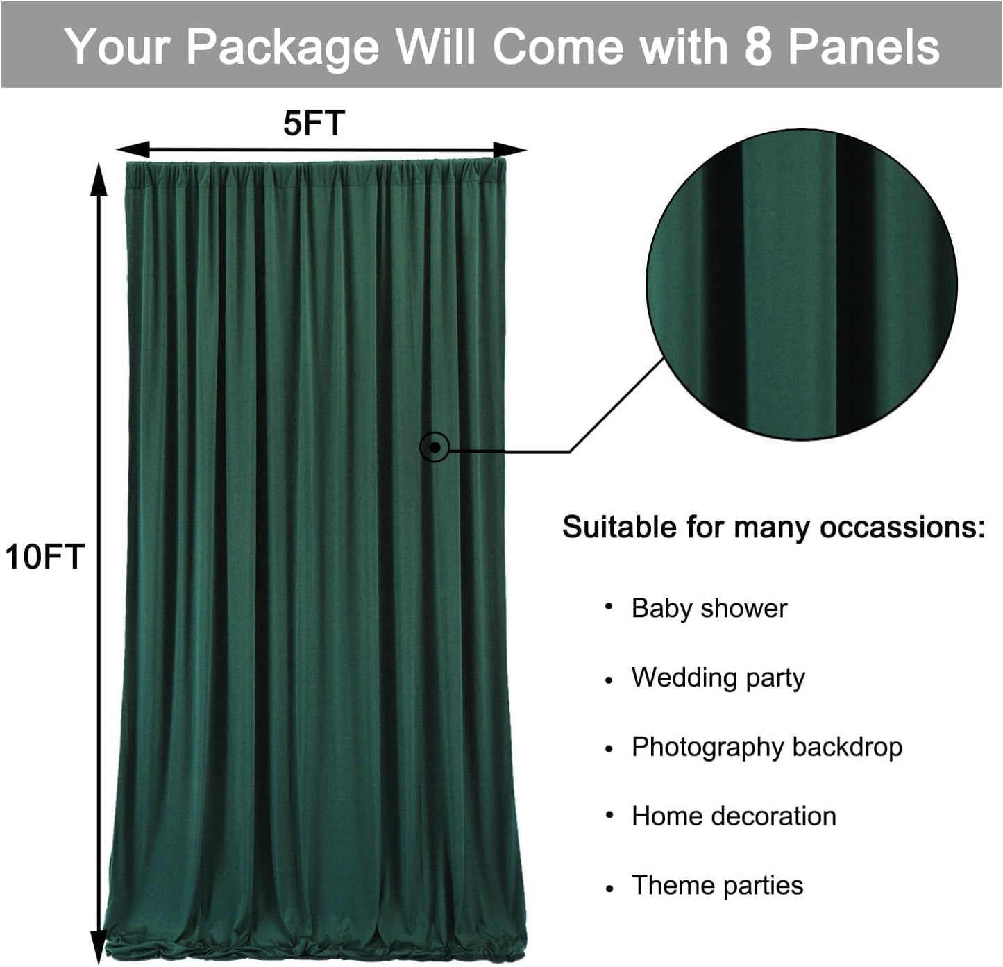 40 ft x 10 ft Wrinkle Free Hunter Green Backdrop Curtain for Parties, Polyester Dark Green Photo Backdrop Drapes 8 Panels 5x10ft for Baby Shower Wedding Birthday Party Photography Curtains