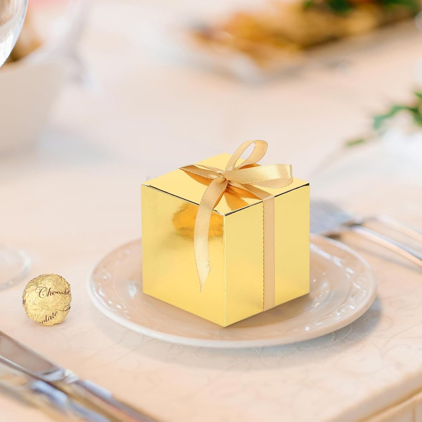 EUSOAR Candy Boxes Party Favors, 60pcs 3x3x3 Inches Gold Macaron Boxes Small Gift Box with Ribbon, Cube Thank You Gifts Box Macaron Mini Muffins Container for Wedding Bridal Party Favor Decorations