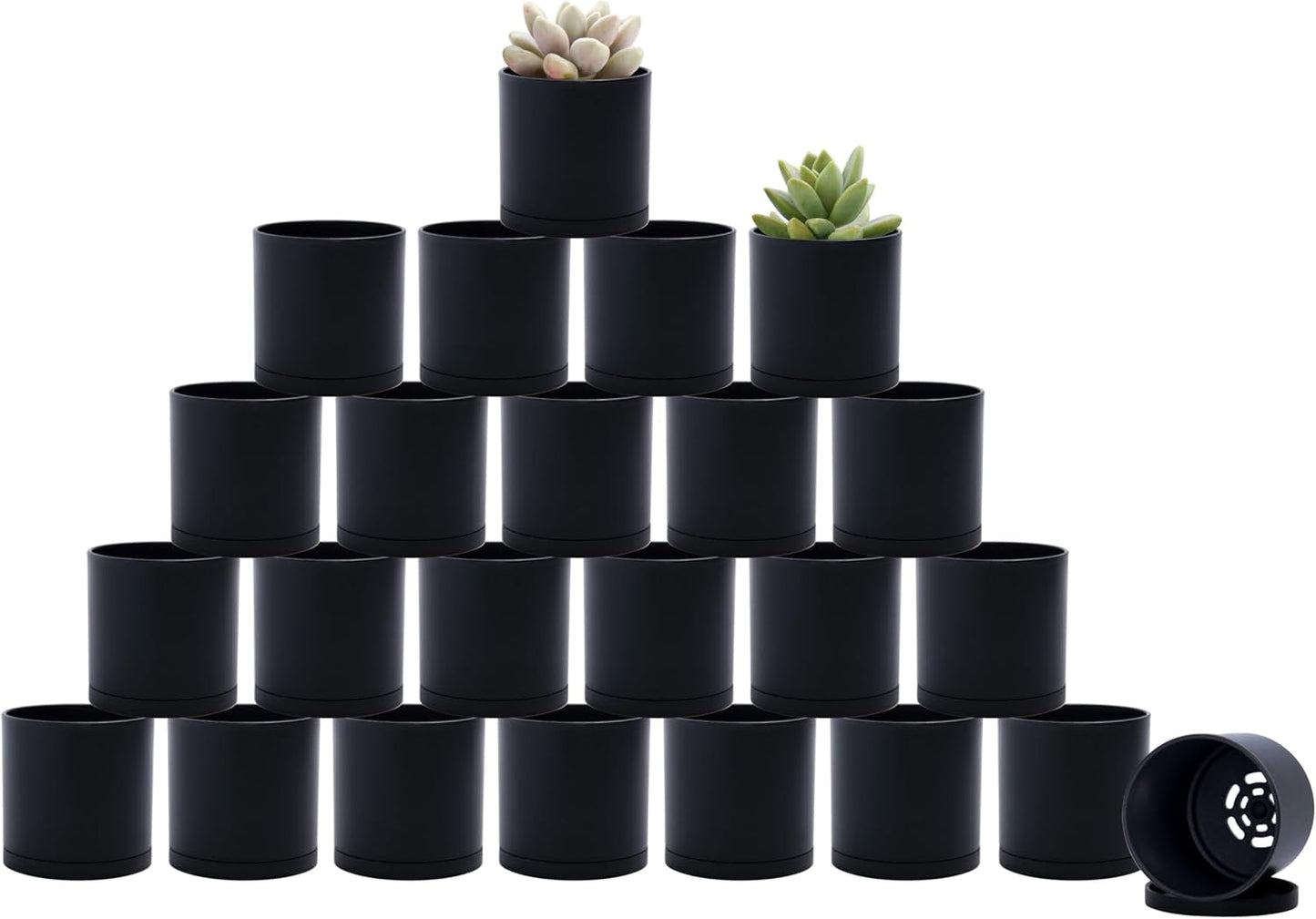D'vine Dev 24 Pack 2 Inch Mini Plastic Plant Pots, Small Garden Planters for Plant with Drainage Holes and Saucers, Black Color, 74-Y-A-6